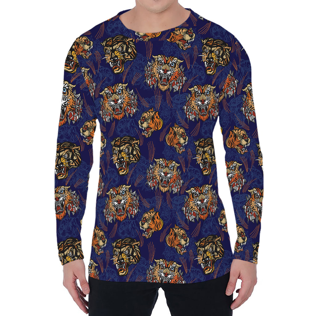 Blue Tiger Tattoo Pattern Print Men's Long Sleeve T-Shirt