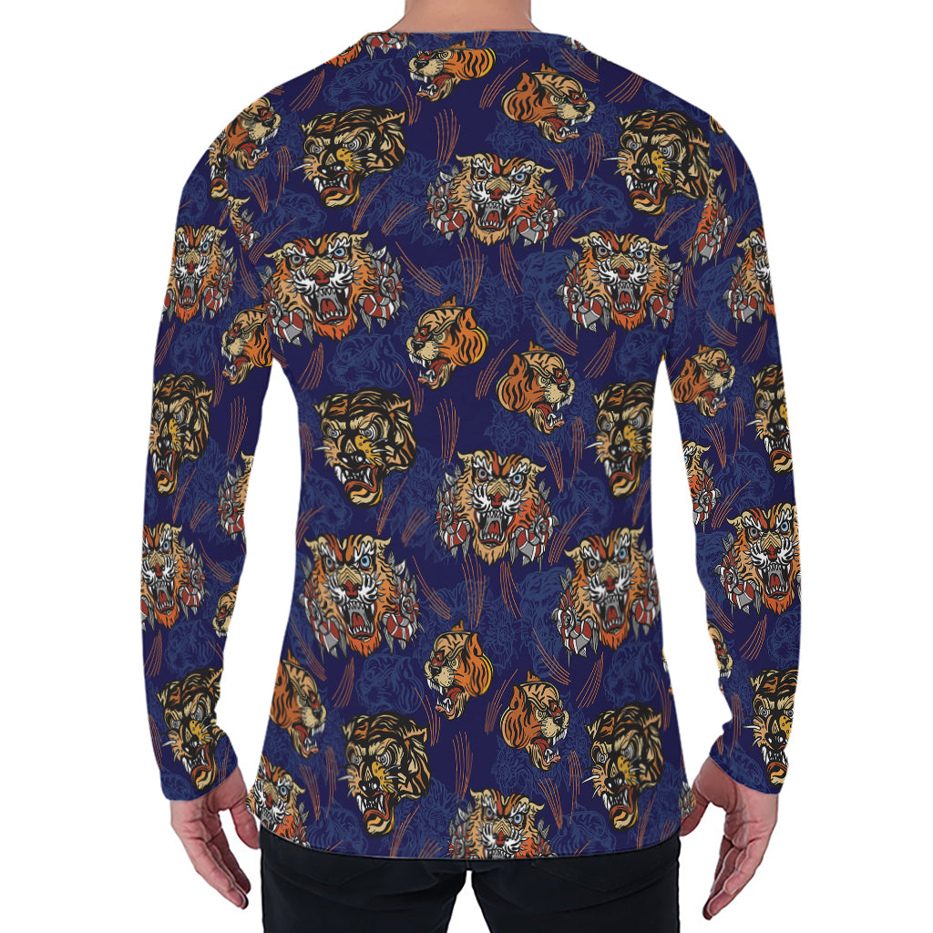 Blue Tiger Tattoo Pattern Print Men's Long Sleeve T-Shirt