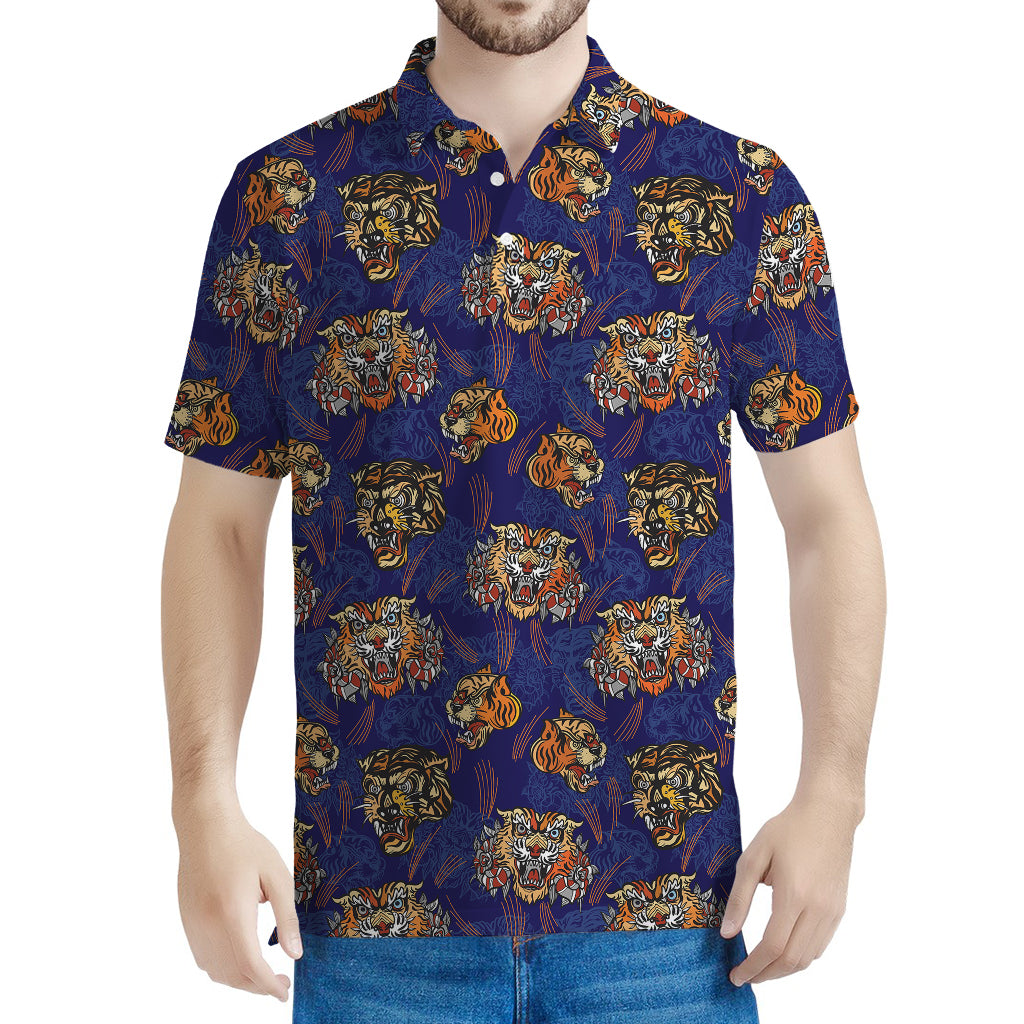 Blue Tiger Tattoo Pattern Print Men's Polo Shirt