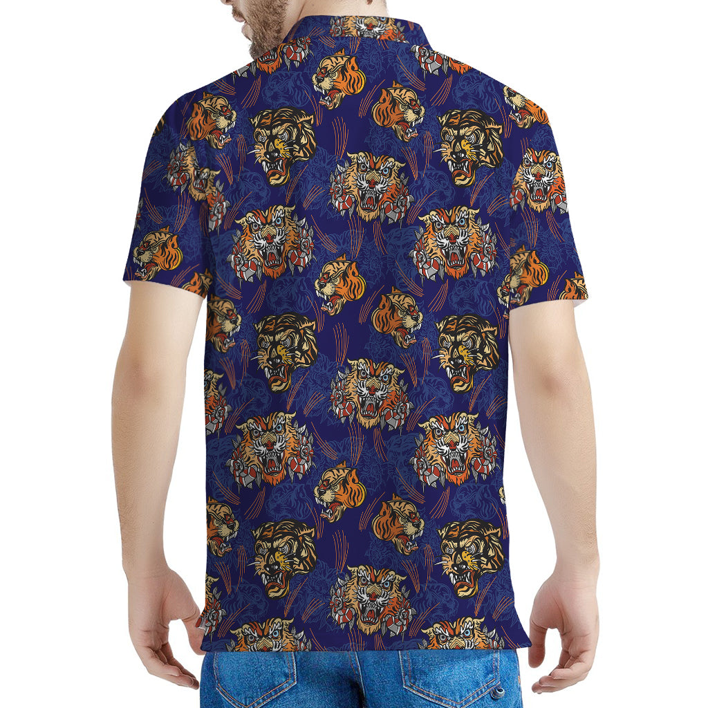 Blue Tiger Tattoo Pattern Print Men's Polo Shirt