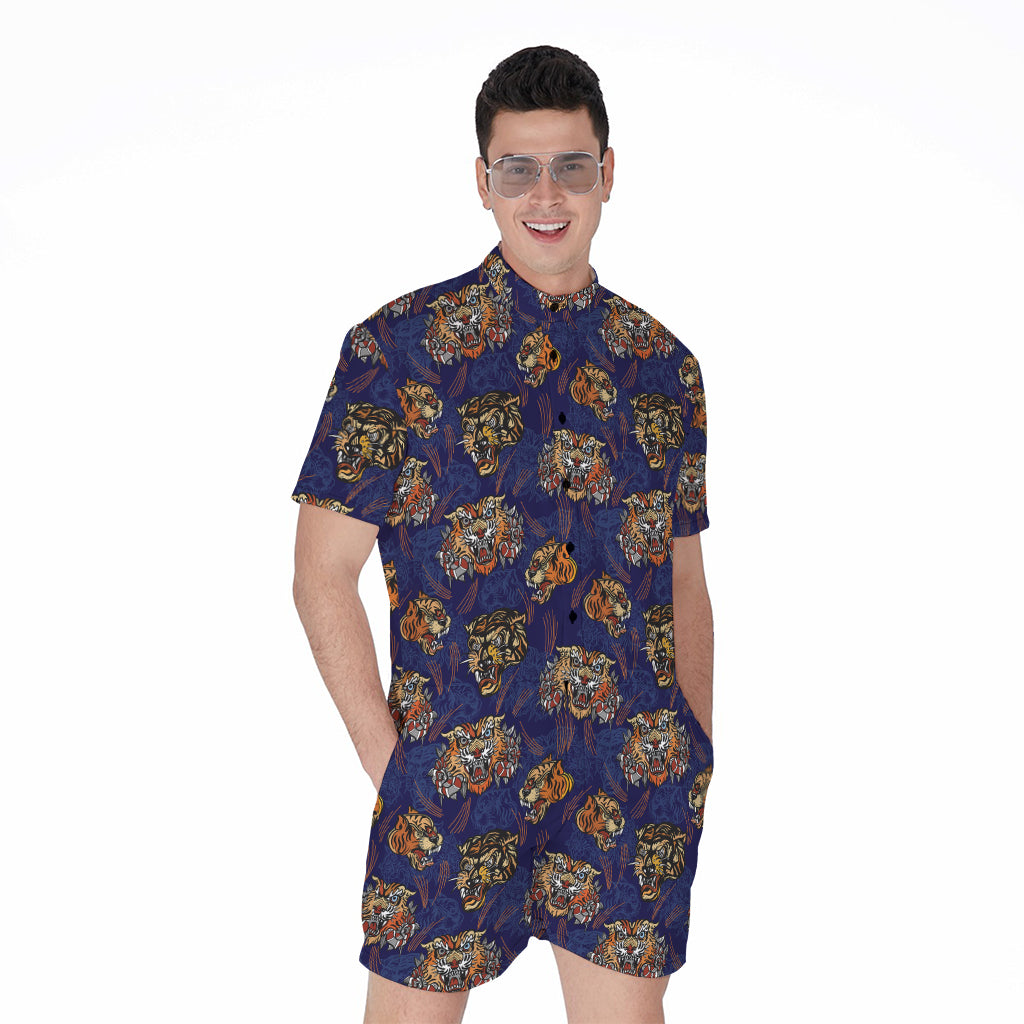 Blue Tiger Tattoo Pattern Print Men's Rompers