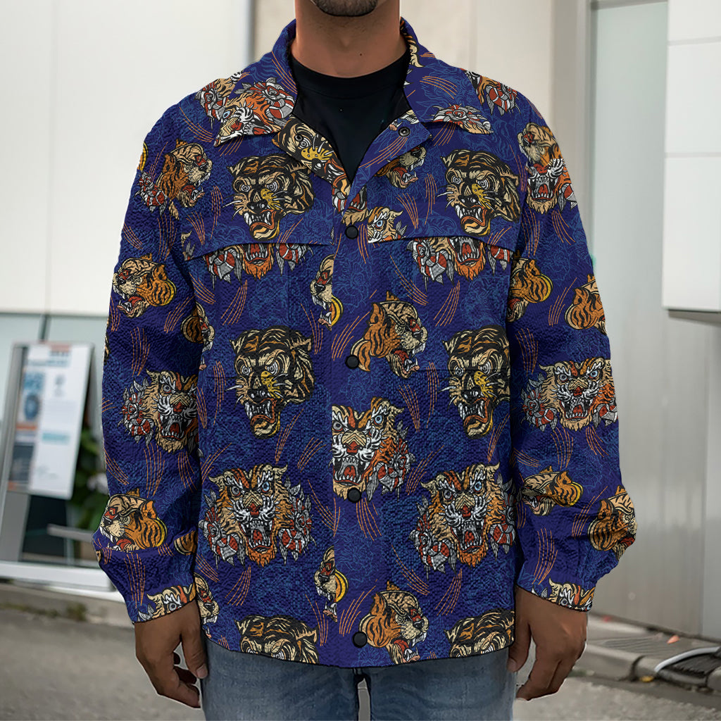 Blue Tiger Tattoo Pattern Print Men's Shirt Jacket