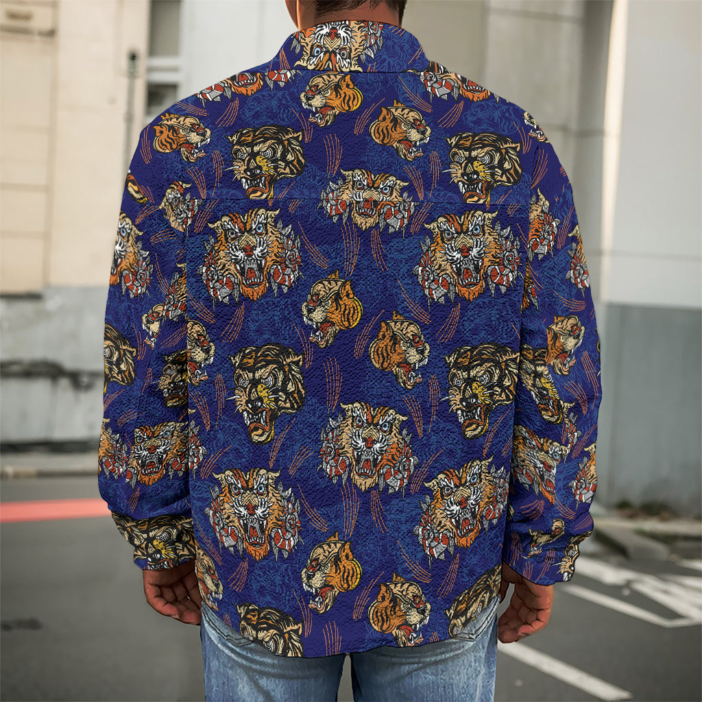 Blue Tiger Tattoo Pattern Print Men's Shirt Jacket