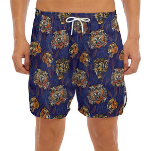 Blue Tiger Tattoo Pattern Print Men's Split Running Shorts