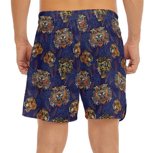 Blue Tiger Tattoo Pattern Print Men's Split Running Shorts