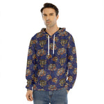 Blue Tiger Tattoo Pattern Print Men's Velvet Pullover Hoodie