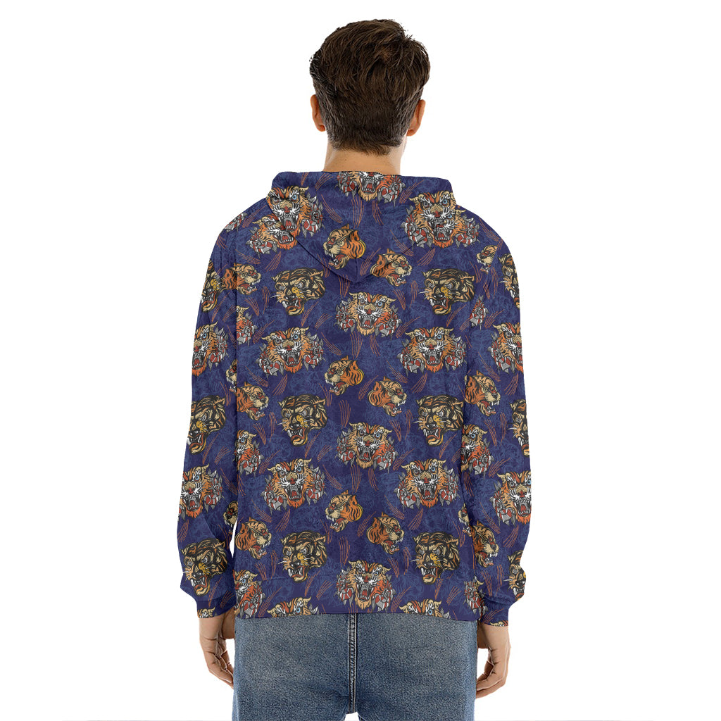 Blue Tiger Tattoo Pattern Print Men's Velvet Pullover Hoodie