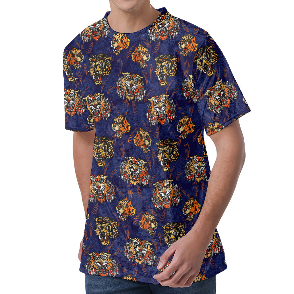 Blue Tiger Tattoo Pattern Print Men's Velvet T-Shirt