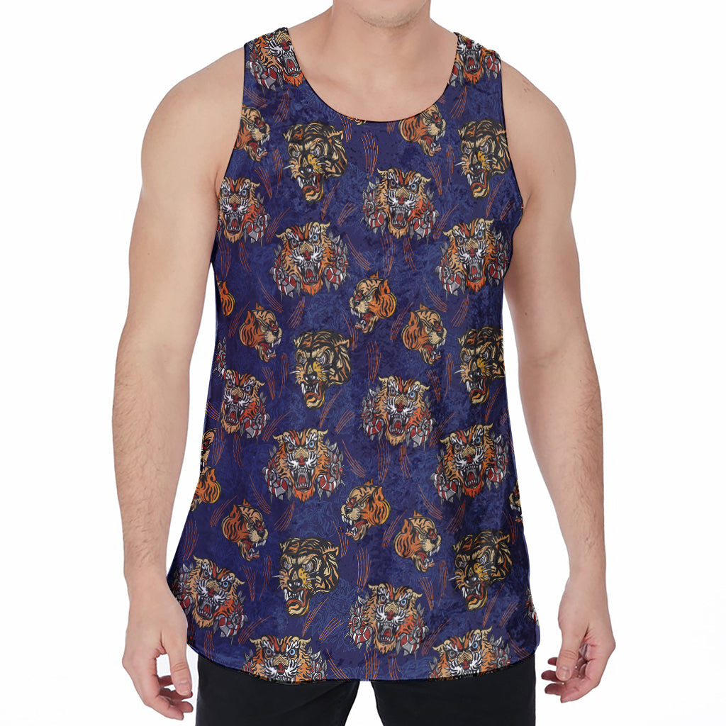 Blue Tiger Tattoo Pattern Print Men's Velvet Tank Top
