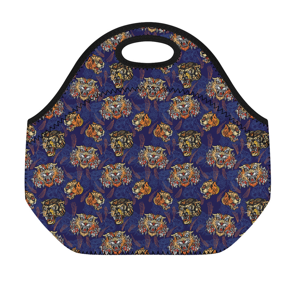 Blue Tiger Tattoo Pattern Print Neoprene Lunch Bag