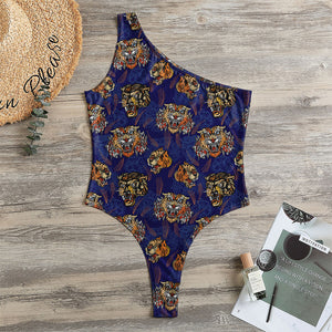 Blue Tiger Tattoo Pattern Print One Shoulder Bodysuit