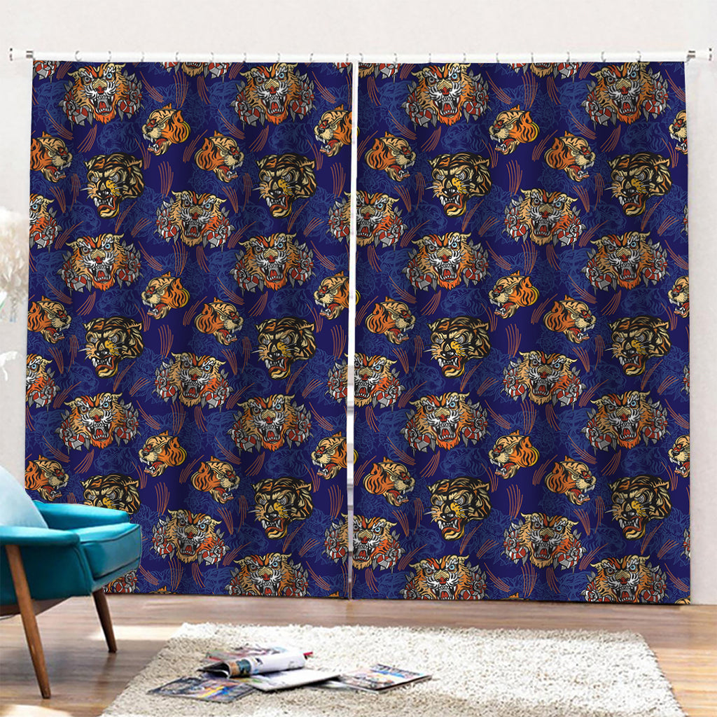 Blue Tiger Tattoo Pattern Print Pencil Pleat Curtains