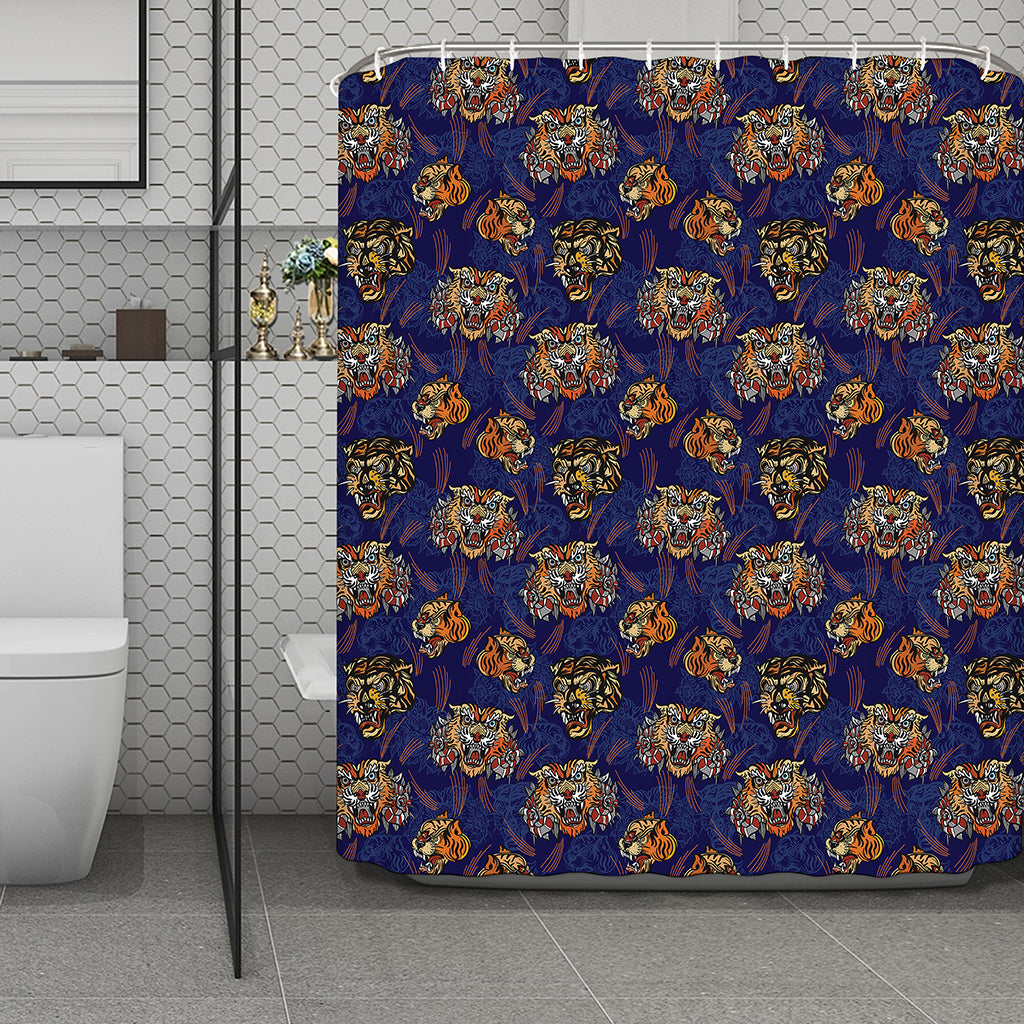 Blue Tiger Tattoo Pattern Print Polyester Shower Curtain