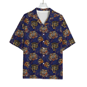 Blue Tiger Tattoo Pattern Print Rayon Hawaiian Shirt