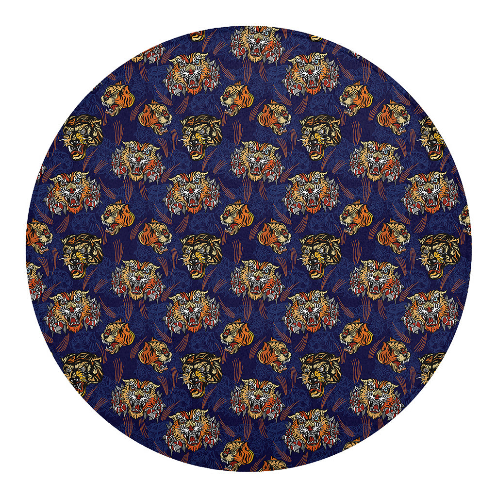 Blue Tiger Tattoo Pattern Print Round Blanket