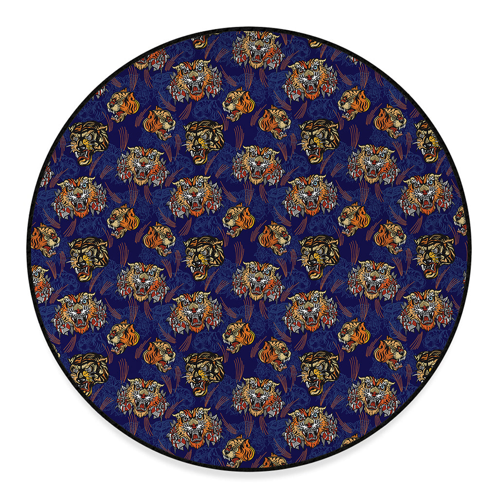 Blue Tiger Tattoo Pattern Print Round Floor Mat