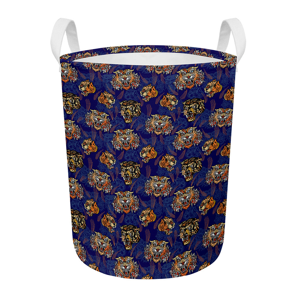 Blue Tiger Tattoo Pattern Print Round Laundry Basket