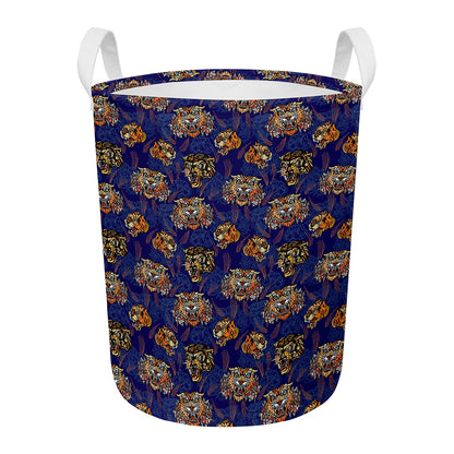 Blue Tiger Tattoo Pattern Print Round Laundry Basket