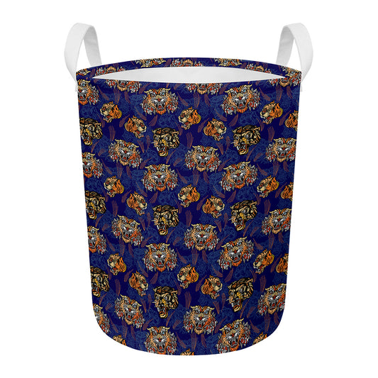 Blue Tiger Tattoo Pattern Print Round Laundry Basket
