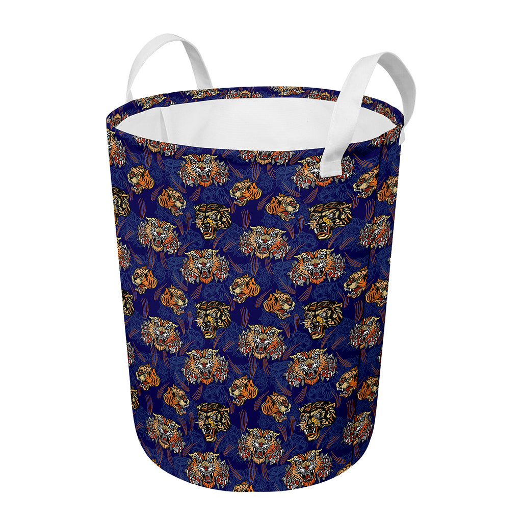 Blue Tiger Tattoo Pattern Print Round Laundry Basket