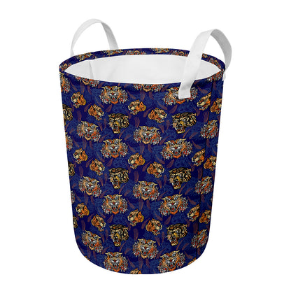 Blue Tiger Tattoo Pattern Print Round Laundry Basket
