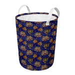 Blue Tiger Tattoo Pattern Print Round Laundry Basket