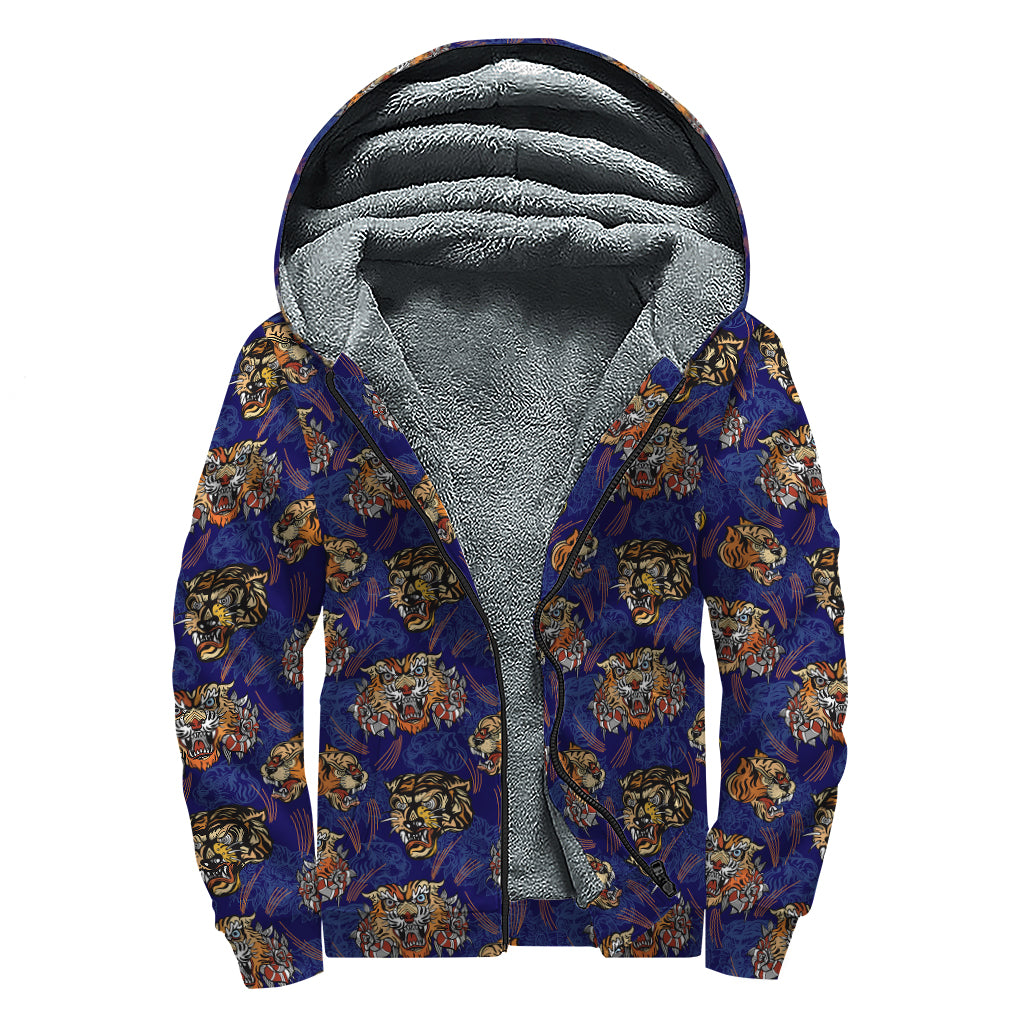 Blue Tiger Tattoo Pattern Print Sherpa Lined Zip Up Hoodie