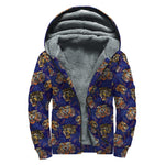 Blue Tiger Tattoo Pattern Print Sherpa Lined Zip Up Hoodie