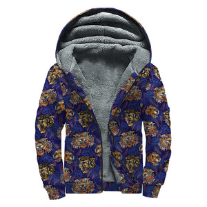 Blue Tiger Tattoo Pattern Print Sherpa Lined Zip Up Hoodie