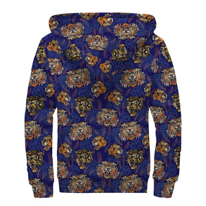 Blue Tiger Tattoo Pattern Print Sherpa Lined Zip Up Hoodie