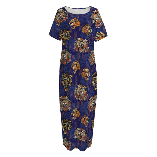 Blue Tiger Tattoo Pattern Print Short Sleeve Long Nightdress