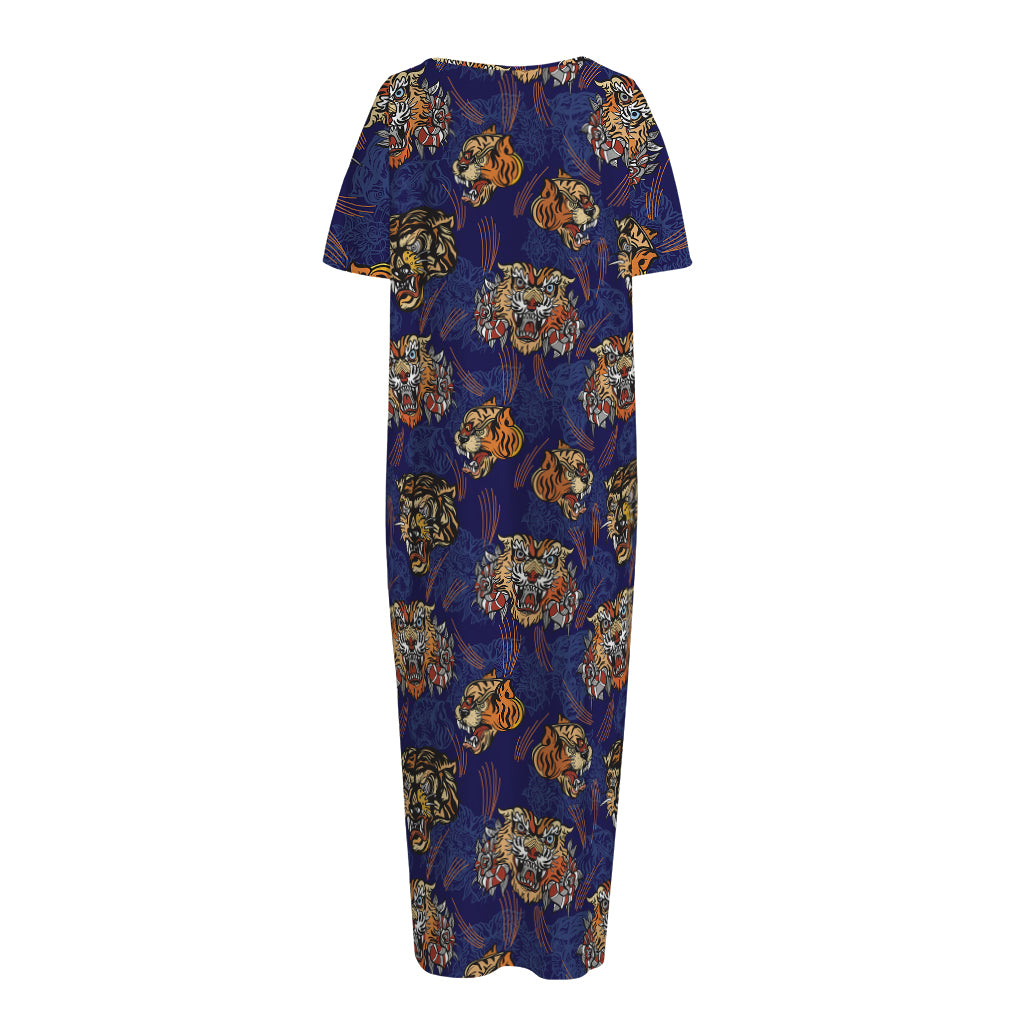 Blue Tiger Tattoo Pattern Print Short Sleeve Long Nightdress