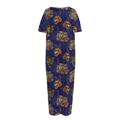 Blue Tiger Tattoo Pattern Print Short Sleeve Long Nightdress