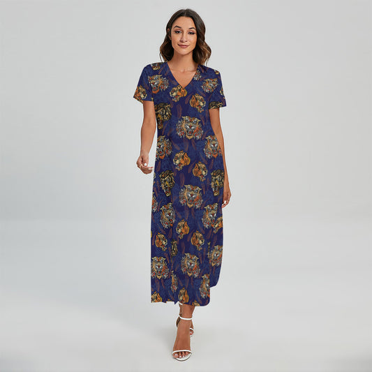 Blue Tiger Tattoo Pattern Print Short Sleeve Maxi Dress