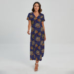 Blue Tiger Tattoo Pattern Print Short Sleeve Maxi Dress