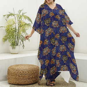 Blue Tiger Tattoo Pattern Print Silk V-Neck Kaftan Dress