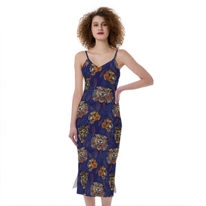 Blue Tiger Tattoo Pattern Print Slim Fit Midi Cami Dress