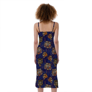 Blue Tiger Tattoo Pattern Print Slim Fit Midi Cami Dress