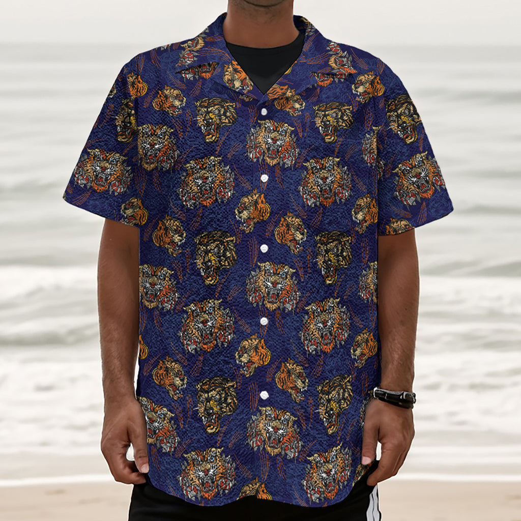 Blue Tiger Tattoo Pattern Print Textured Short Sleeve Shirt