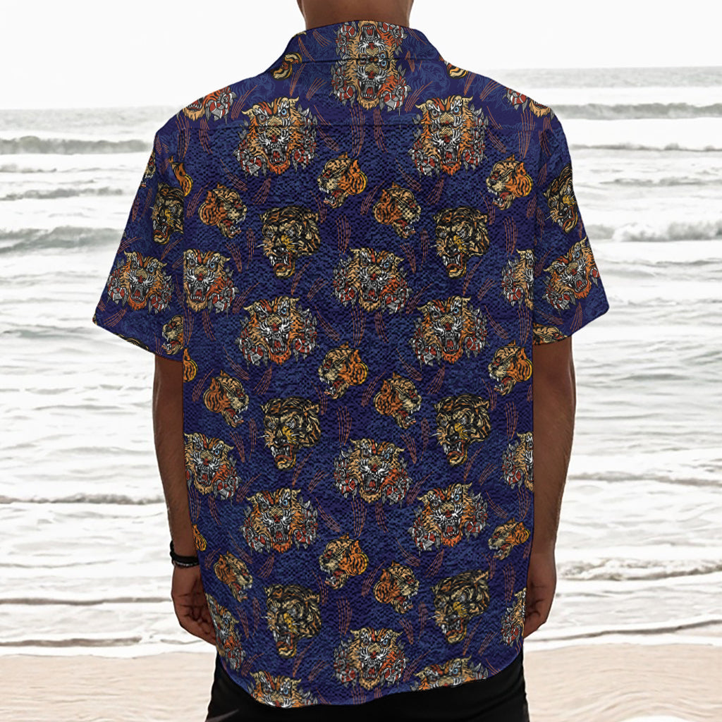 Blue Tiger Tattoo Pattern Print Textured Short Sleeve Shirt