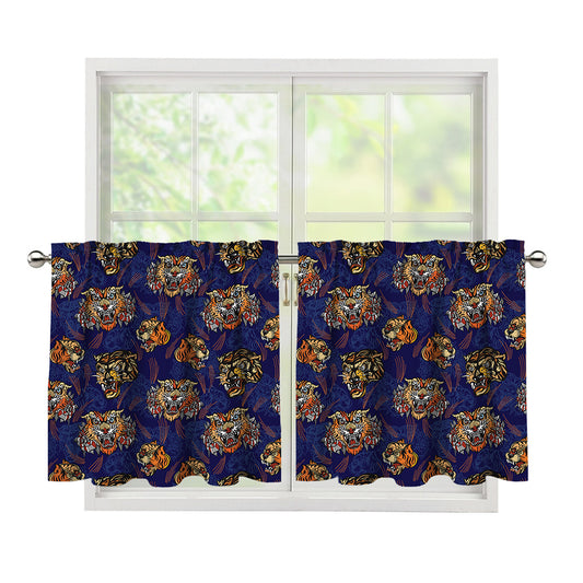 Blue Tiger Tattoo Pattern Print Tier Curtains