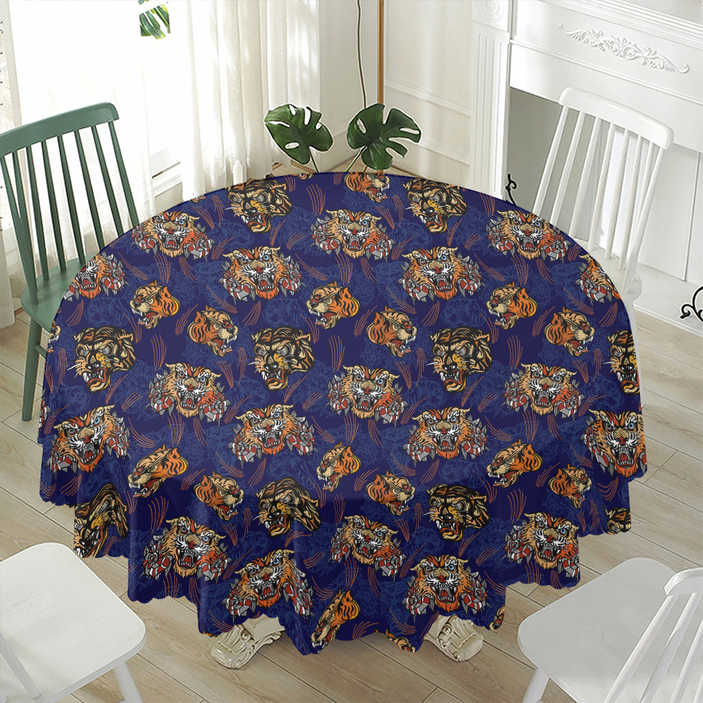 Blue Tiger Tattoo Pattern Print Waterproof Round Tablecloth