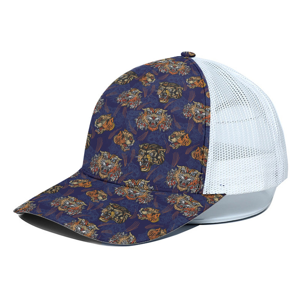 Blue Tiger Tattoo Pattern Print White Mesh Trucker Cap