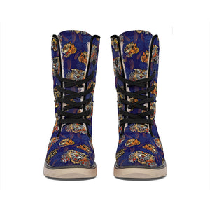 Blue Tiger Tattoo Pattern Print Winter Boots