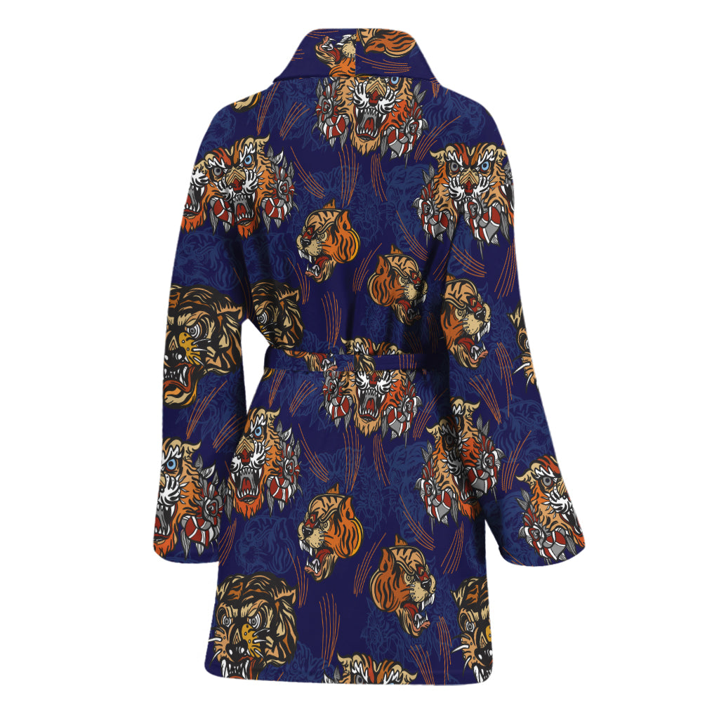 Blue Tiger Tattoo Pattern Print Women's Bathrobe