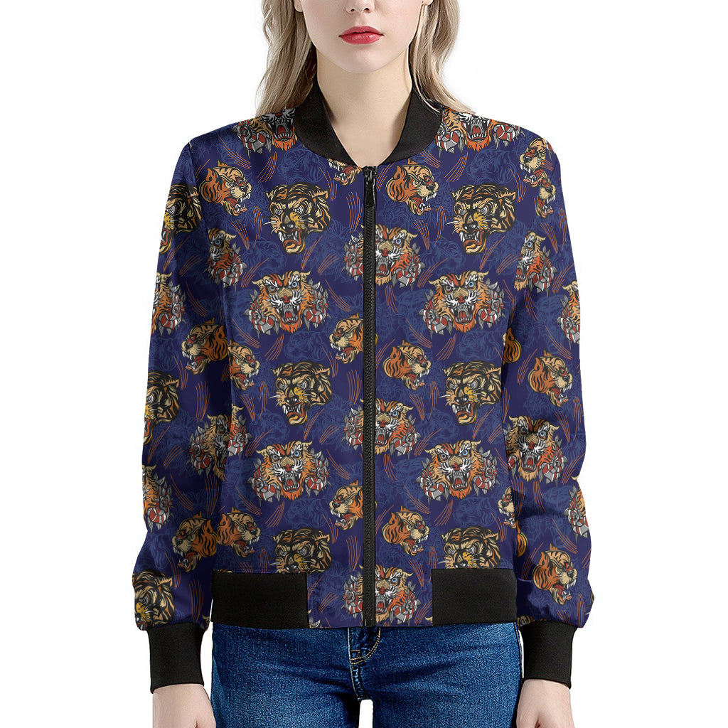 Blue Tiger Tattoo Pattern Print Women's Bomber Jacket