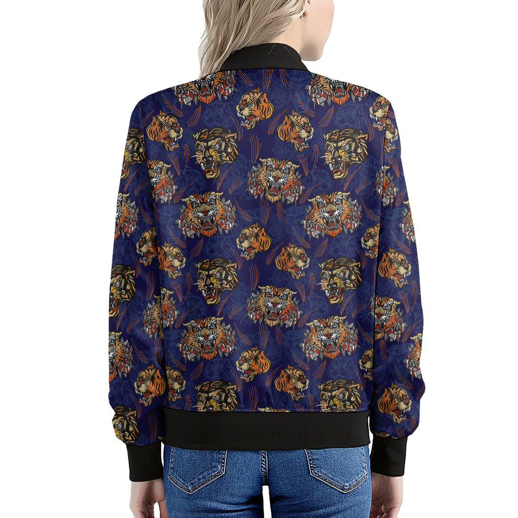 Blue Tiger Tattoo Pattern Print Women's Bomber Jacket