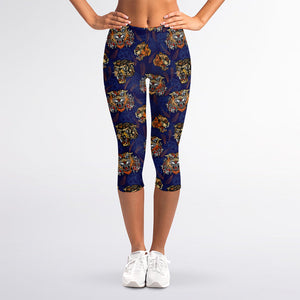 Blue Tiger Tattoo Pattern Print Women's Capri Leggings