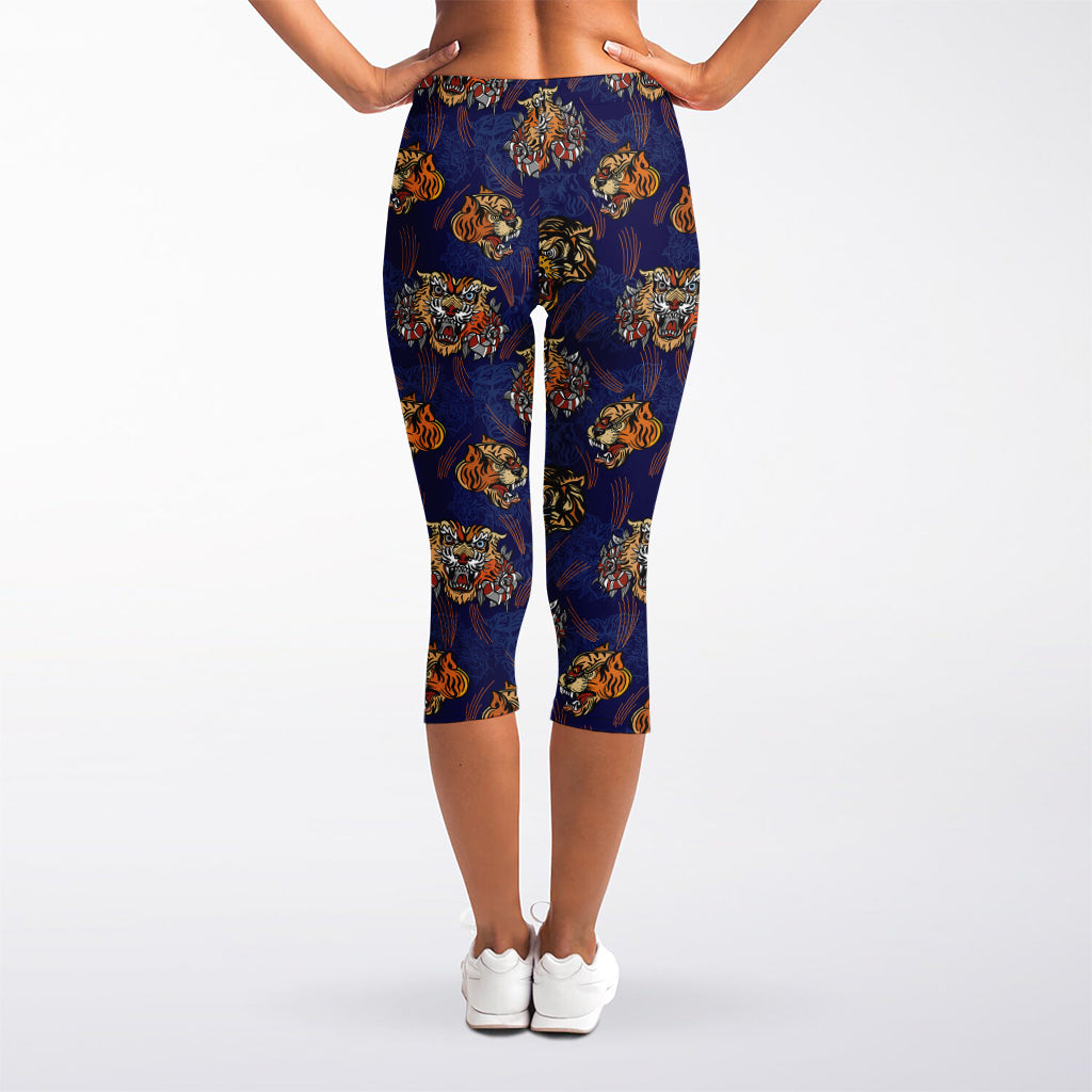 Blue Tiger Tattoo Pattern Print Women's Capri Leggings