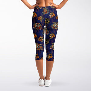 Blue Tiger Tattoo Pattern Print Women's Capri Leggings